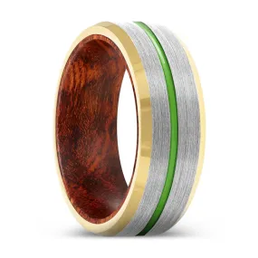 CIPHER | Snake Wood, Silver Tungsten Ring, Green Groove, Gold Beveled Edge