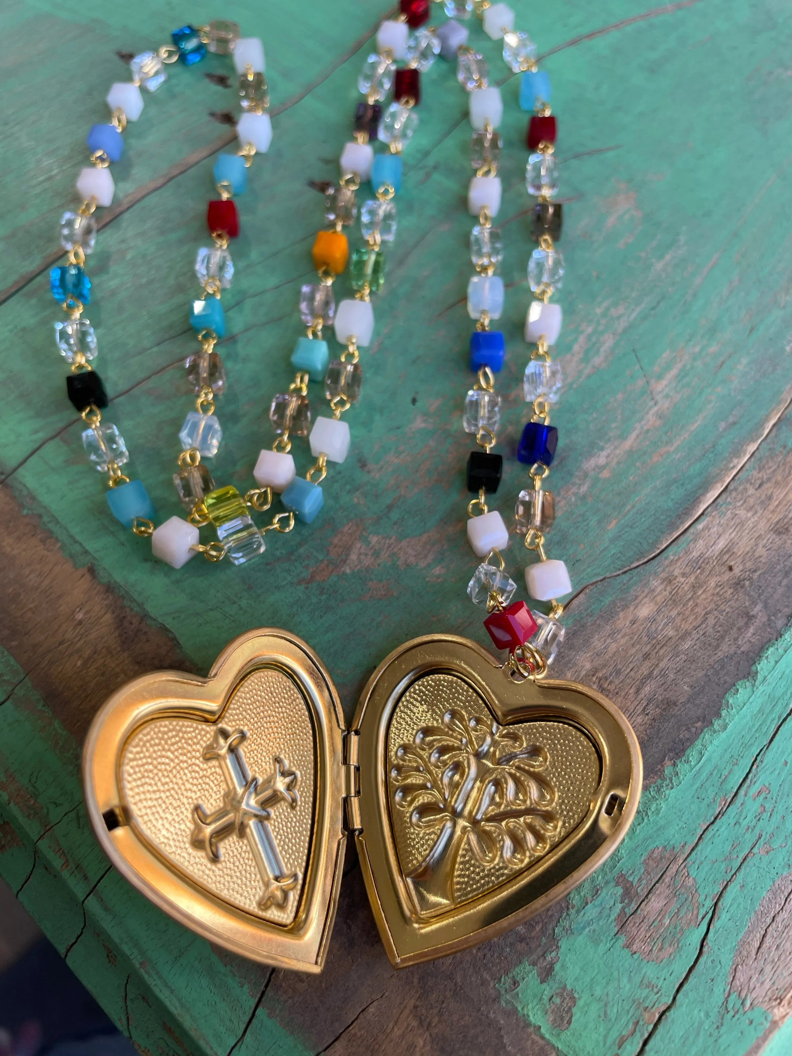 Colorful Heart Locket Necklace, Bracelet, and Earrings