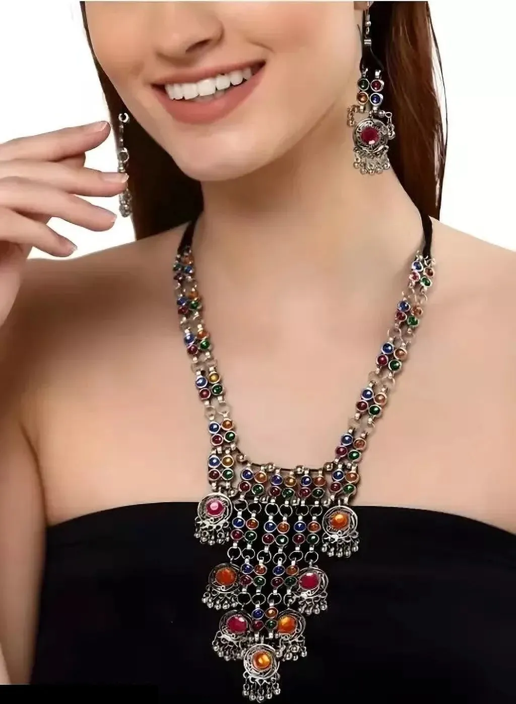 Combo Of 2 Silver-Plated Stone Studded & Beaded Jewellery Set