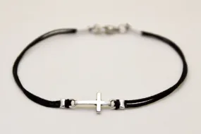 Cross bracelet for men with black cord, silver charm, Christian gift for him