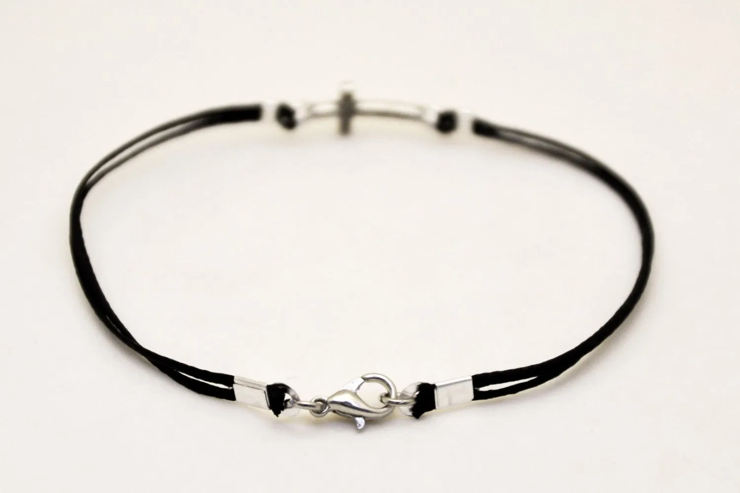 Cross bracelet for men with black cord, silver charm, Christian gift for him