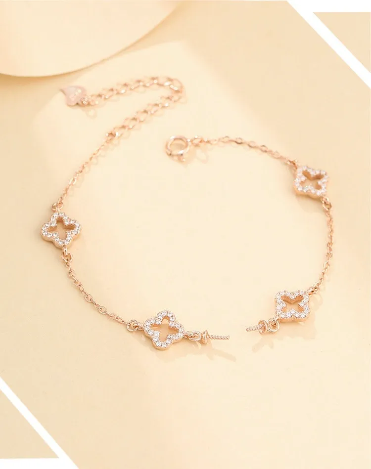 Crystals Flower Cross Pin Chain Bracelet Setting Sterling Silver Gold Fine 925 8-12mm For One Pearl Bead Bulk Tray DIY Jewelry Wholesale