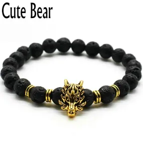 Cute Bear Brand Antique Silver Animal Wolf Head Bracelet Men Jewelry Fashion Black Frosted Volcano Lava Stone Beads Men Bracelet