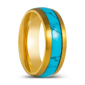 CYANITE | Yellow Gold Ring, Domed Ring, Blue Turquoise Inlay