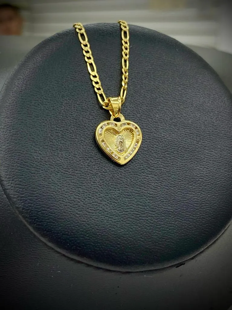 CZ Heart Virgen de Guadalupe Necklace Figaro Chain for Kids Womens 14K Gold Filled