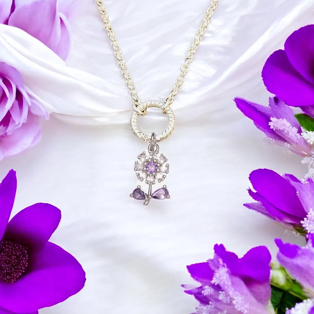 CZ Purple Flower charm necklace - 18-24 inch