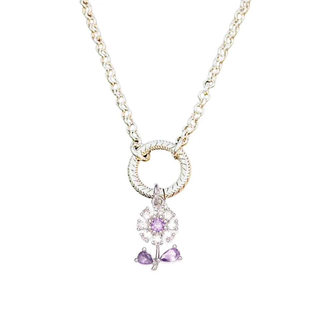 CZ Purple Flower charm necklace - 18-24 inch