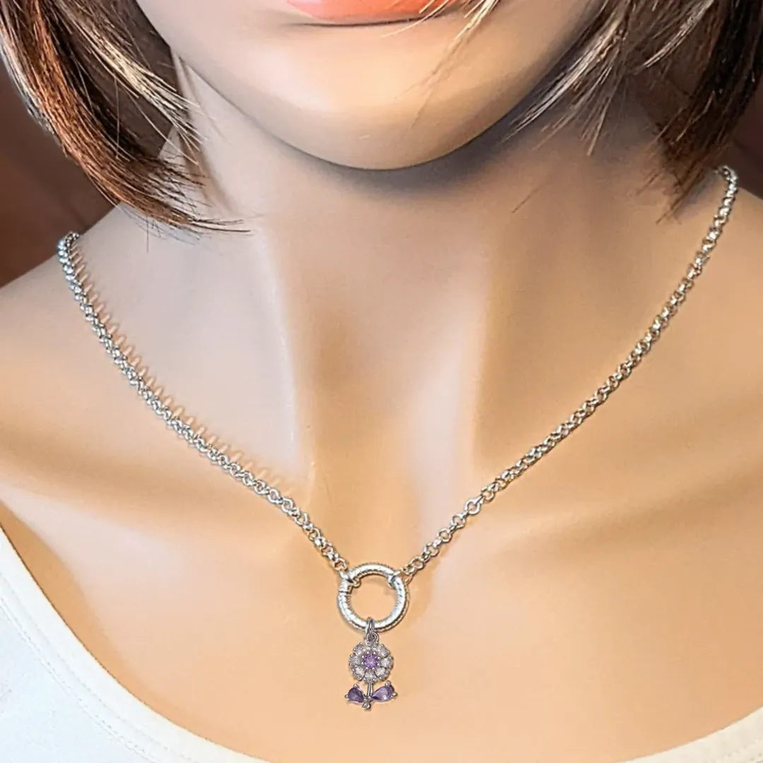 CZ Purple Flower charm necklace - 18-24 inch