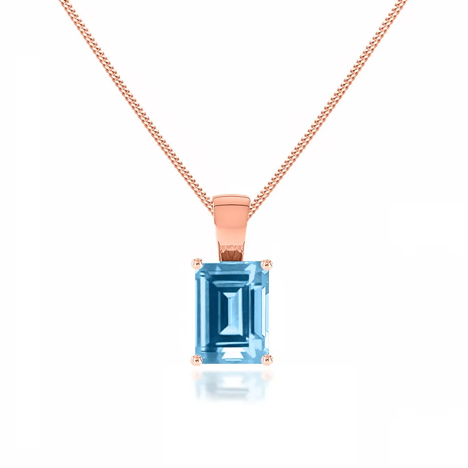 ELIZA - Emerald Cut Aqua Spinel 4 Claw Drop Pendant 18k Rose Gold