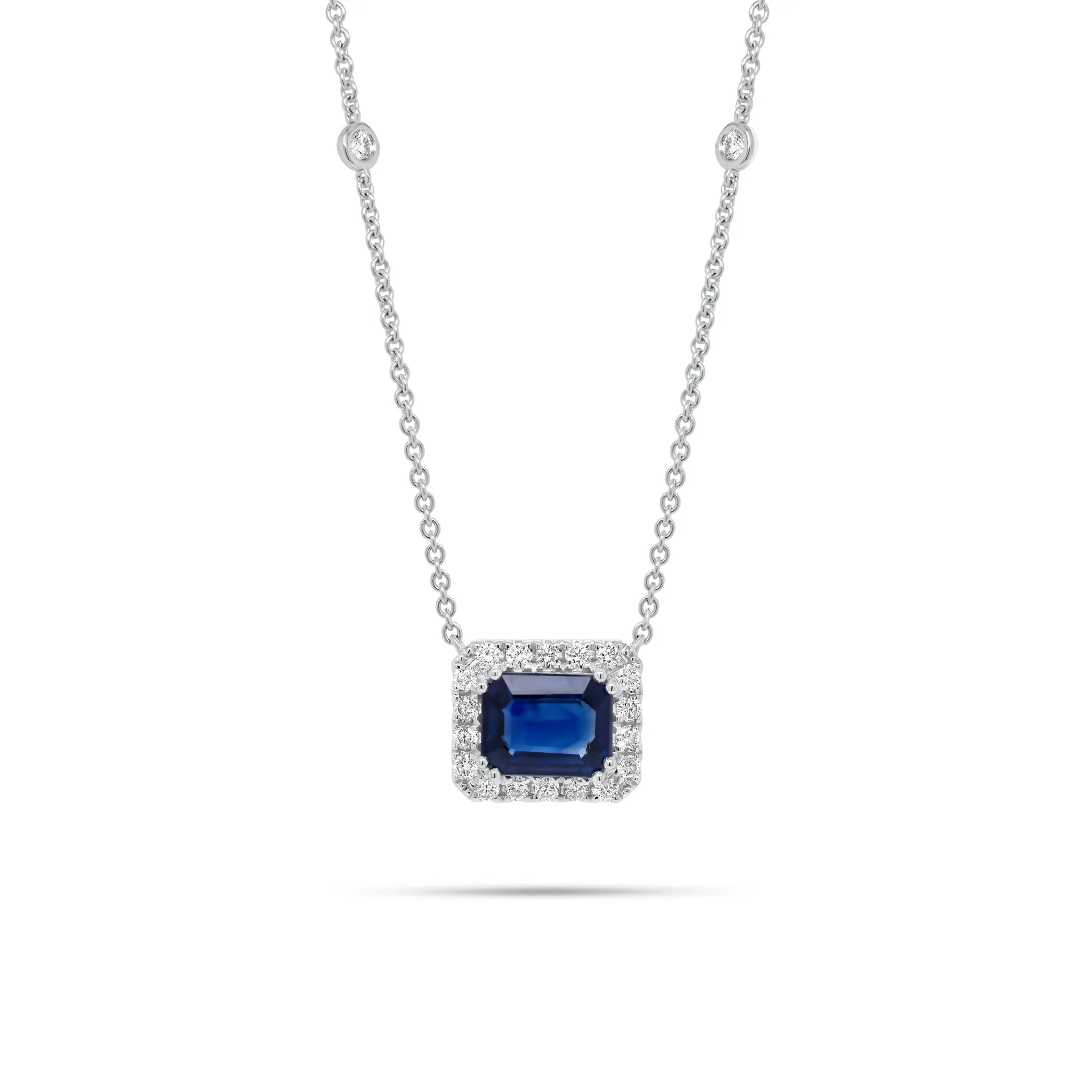 Emerald-Cut Sapphire Halo Diamond Pendant Necklace