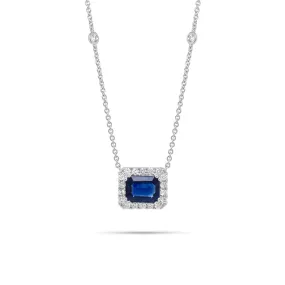 Emerald-Cut Sapphire Halo Diamond Pendant Necklace