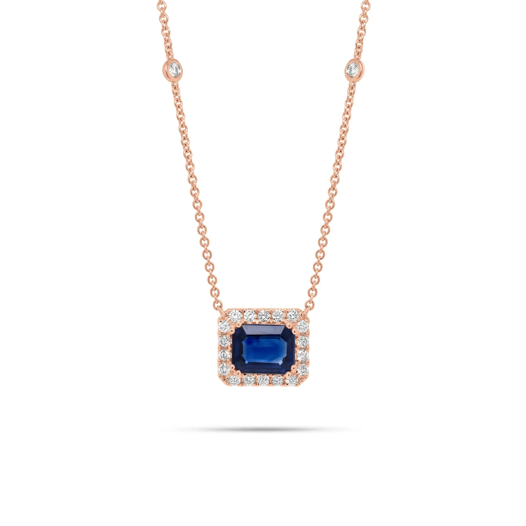 Emerald-Cut Sapphire Halo Diamond Pendant Necklace