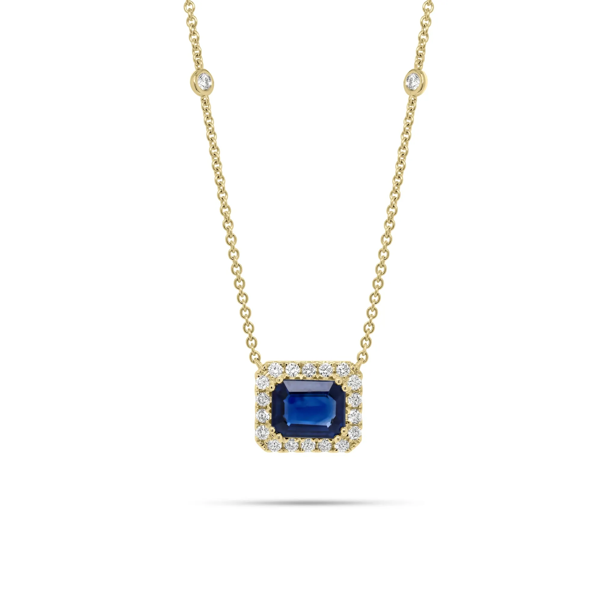 Emerald-Cut Sapphire Halo Diamond Pendant Necklace