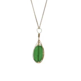 Emerald Green Agate Pendant Wrapped in gold on 14kt gold chain Necklace