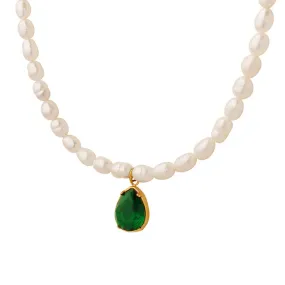 Emerald Zircon Water Drop Necklace with Freshwater Pearl Chain