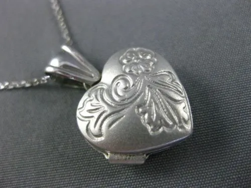 ESTATE 14KT WHITE GOLD HAND ETCHED FLOWER HEART LOCKET FLOATING PENDANT #25183