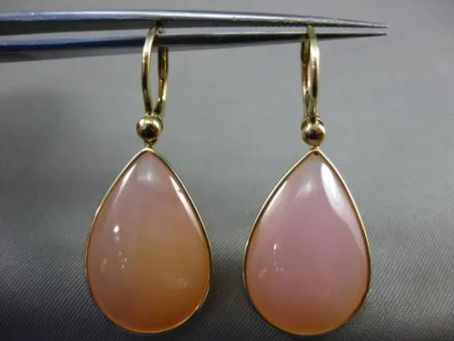 ESTATE LARGE AAA PINK QUARTZ 14KT YELLOW GOLD CLASSIC TEAR DROP HANGING EARRINGS