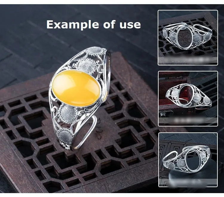 Ethnic Sunflower Oval Mount Bracelet Setting Sterling Silver Fine 925 26x19mm For One Stone Adjustable No Prongs DIY Jewelry Wholesale