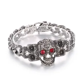 European and American Punk Style Stainless Steel Skull Bracelet with Retro Red-Eye Design for Men