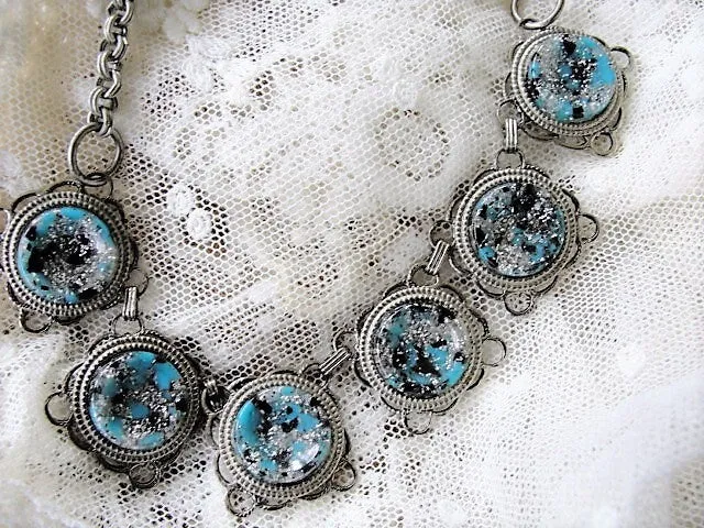 FABULOUS 1950s Unique Mottled Turquoise Art Glass Stones and Silver Tone Metal Necklace Wear or Collect Vintage Costume Jewelry