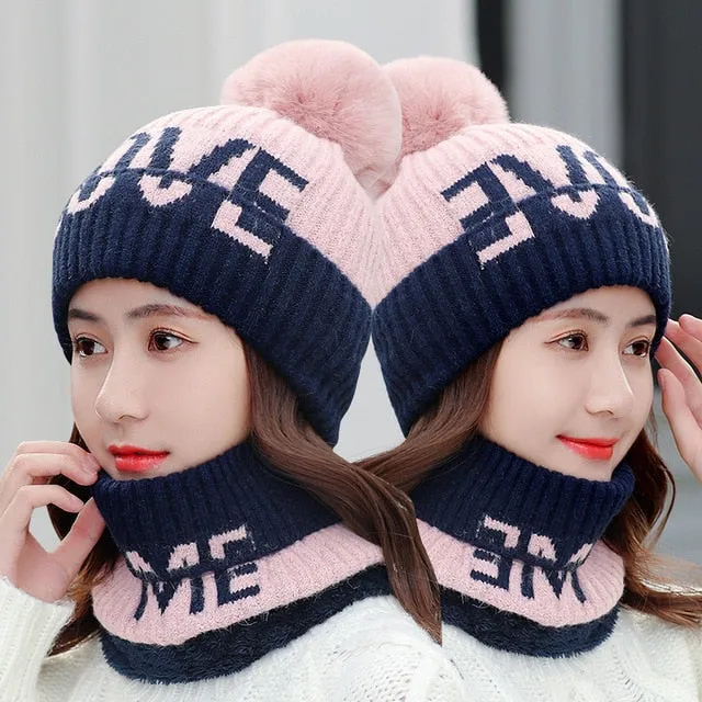 Fur Lined Love Me Letter Keep Warm Outdoor Knitted Woolen Winter Cap