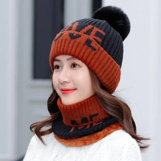 Fur Lined Love Me Letter Keep Warm Outdoor Knitted Woolen Winter Cap