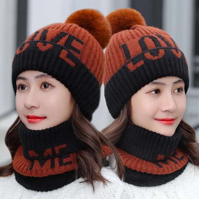 Fur Lined Love Me Letter Keep Warm Outdoor Knitted Woolen Winter Cap