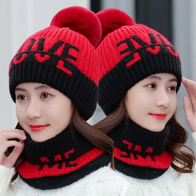 Fur Lined Love Me Letter Keep Warm Outdoor Knitted Woolen Winter Cap