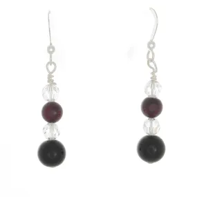 Garnet, Black Obsidian and  Clear Quartz Sterling French Hook earrings