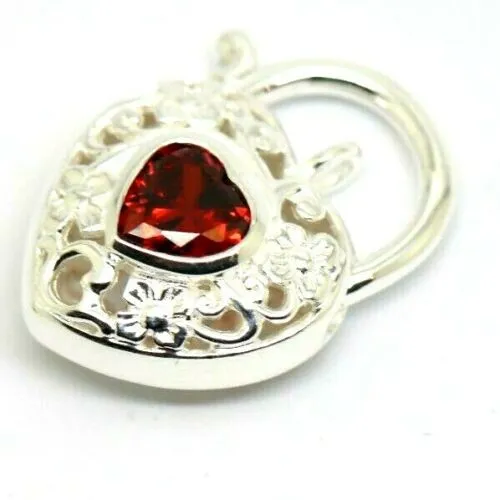 Genuine Sterling Silver Filigree Garnet Heart Padlock Pendant 15mm