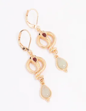 Gold & Green Snake Teardrop Pendant Earrings