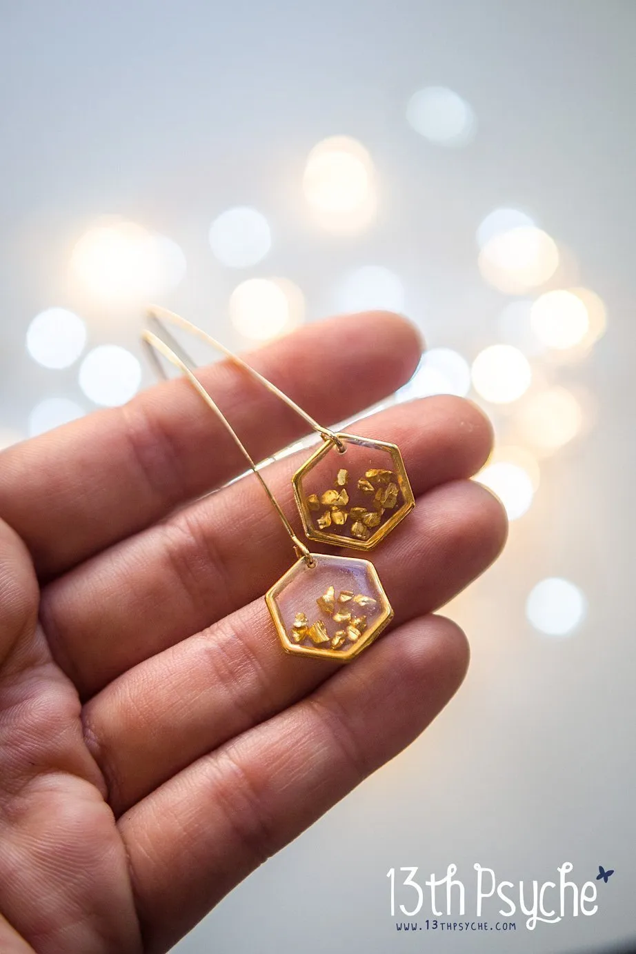 Gold honeycomb hexagon resin earrings