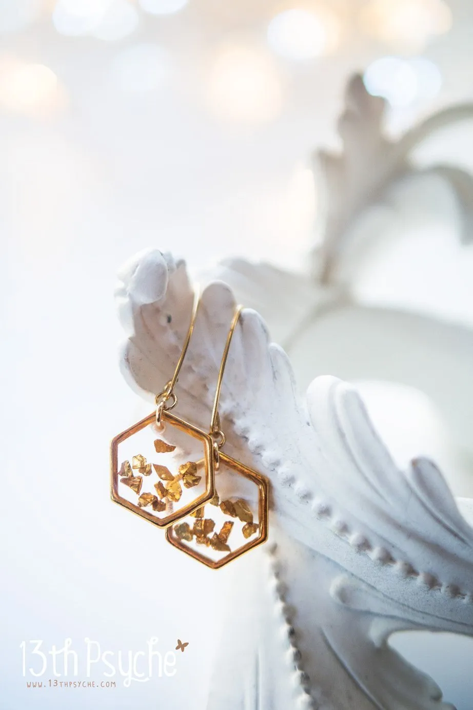 Gold honeycomb hexagon resin earrings