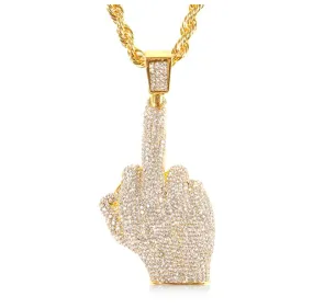 Gold Middle Finger Chain Simulated Diamond Necklace Funny Gag Gift Silver Fuck You Chain Hip Hop Jewelry 24in.