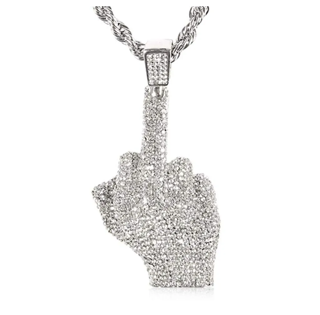 Gold Middle Finger Chain Simulated Diamond Necklace Funny Gag Gift Silver Fuck You Chain Hip Hop Jewelry 24in.