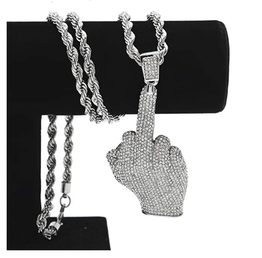 Gold Middle Finger Chain Simulated Diamond Necklace Funny Gag Gift Silver Fuck You Chain Hip Hop Jewelry 24in.