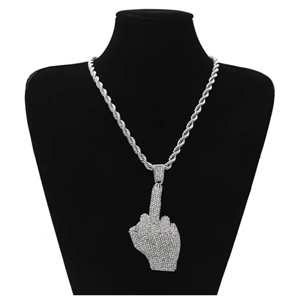 Gold Middle Finger Chain Simulated Diamond Necklace Funny Gag Gift Silver Fuck You Chain Hip Hop Jewelry 24in.