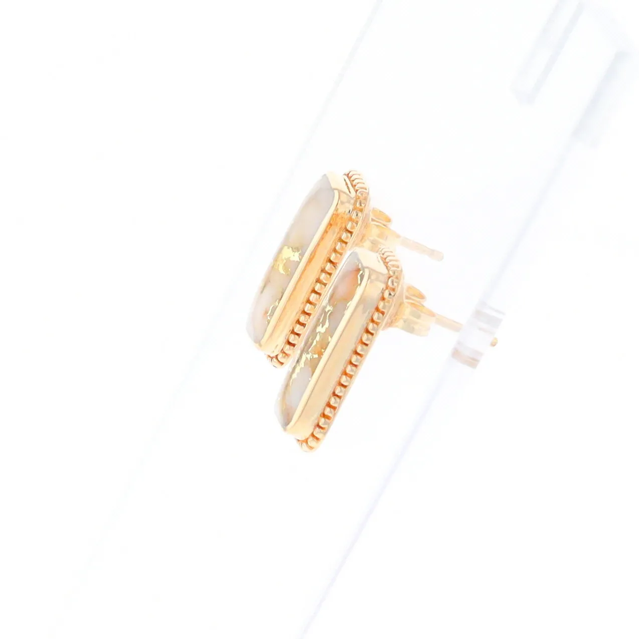 Gold Quartz Earrings Rectangle Inlaid Milgrain Design - G2