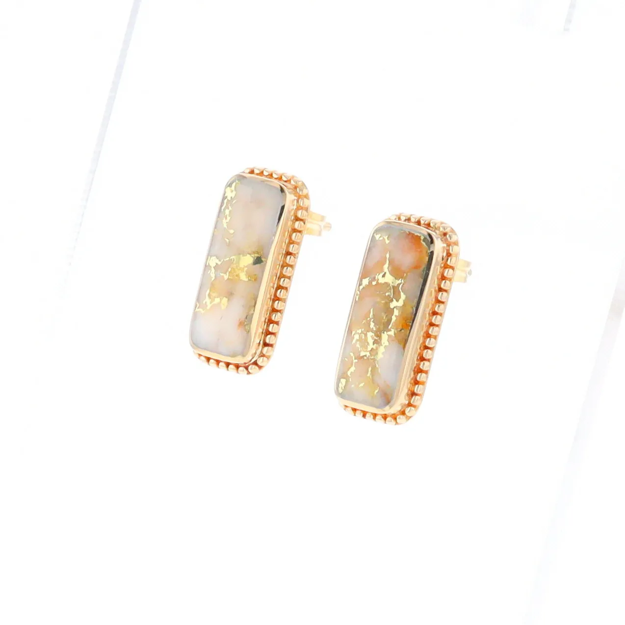 Gold Quartz Earrings Rectangle Inlaid Milgrain Design - G2