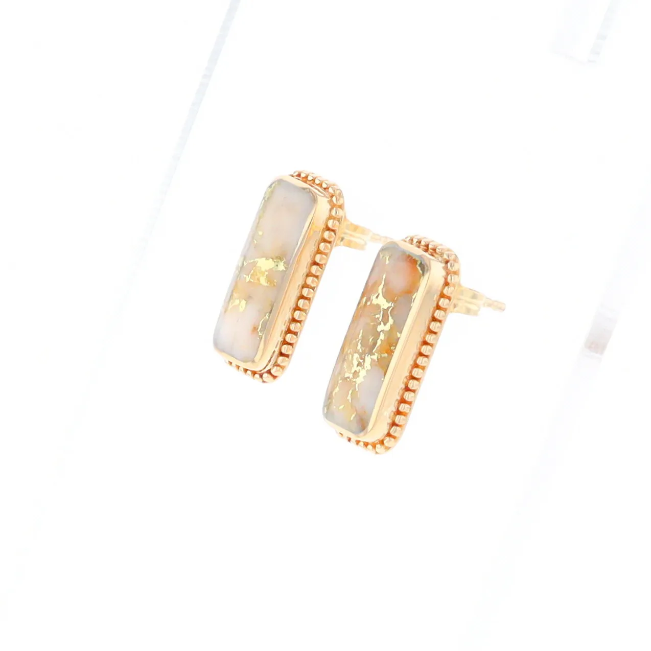 Gold Quartz Earrings Rectangle Inlaid Milgrain Design - G2