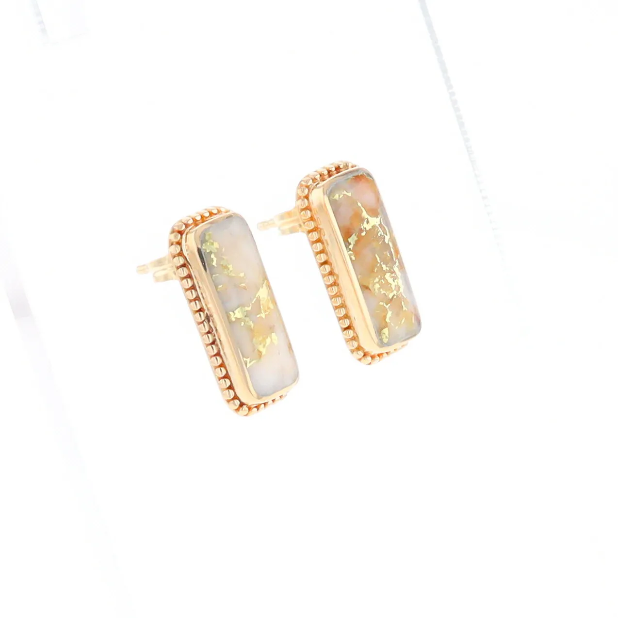 Gold Quartz Earrings Rectangle Inlaid Milgrain Design - G2