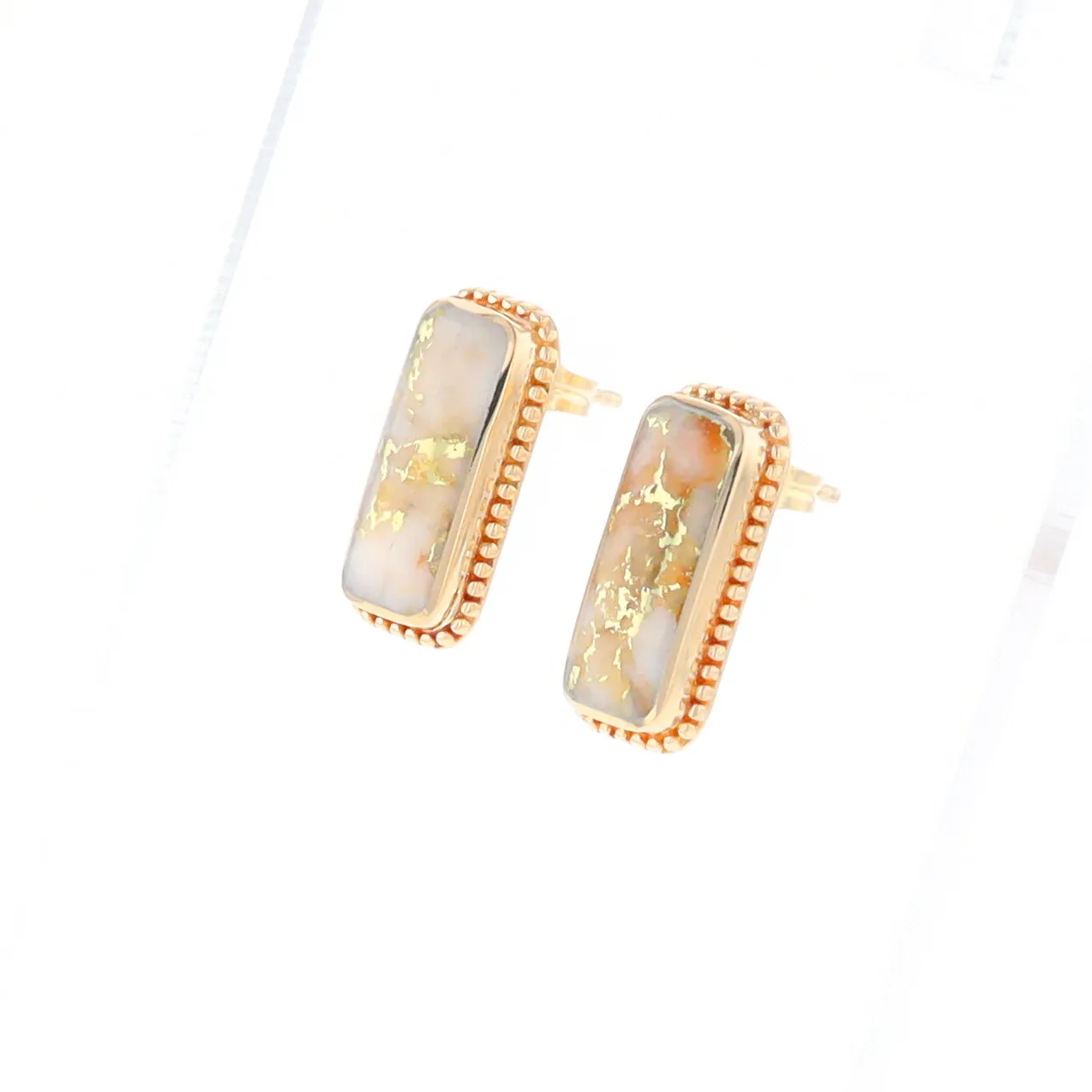 Gold Quartz Earrings Rectangle Inlaid Milgrain Design - G2