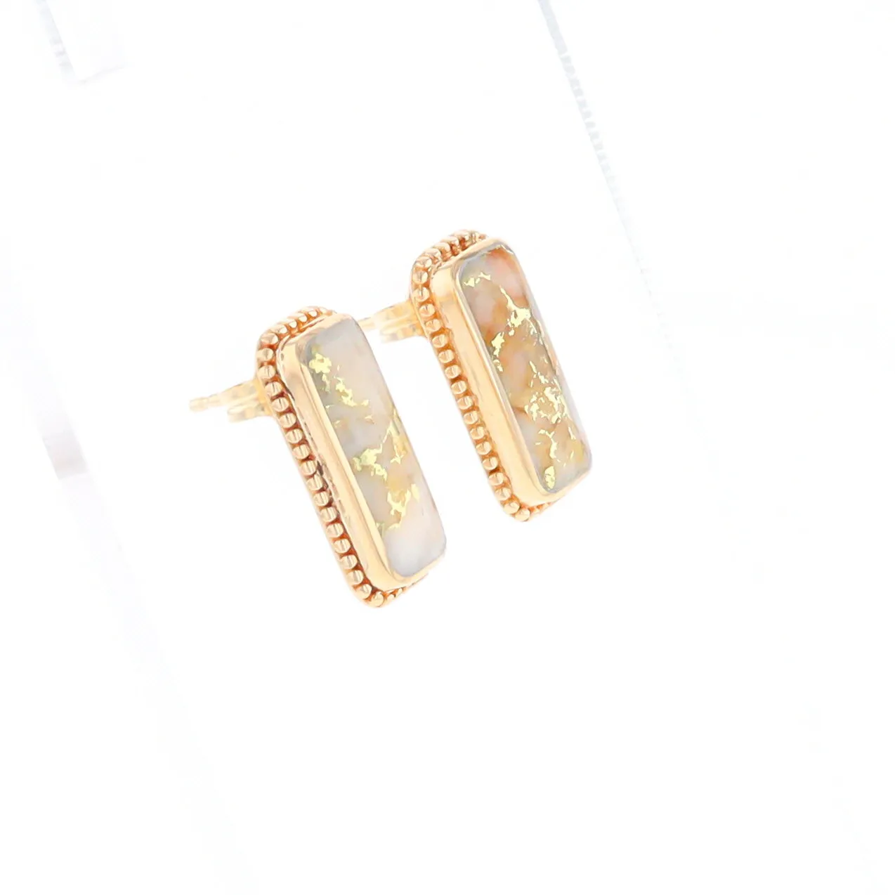 Gold Quartz Earrings Rectangle Inlaid Milgrain Design - G2