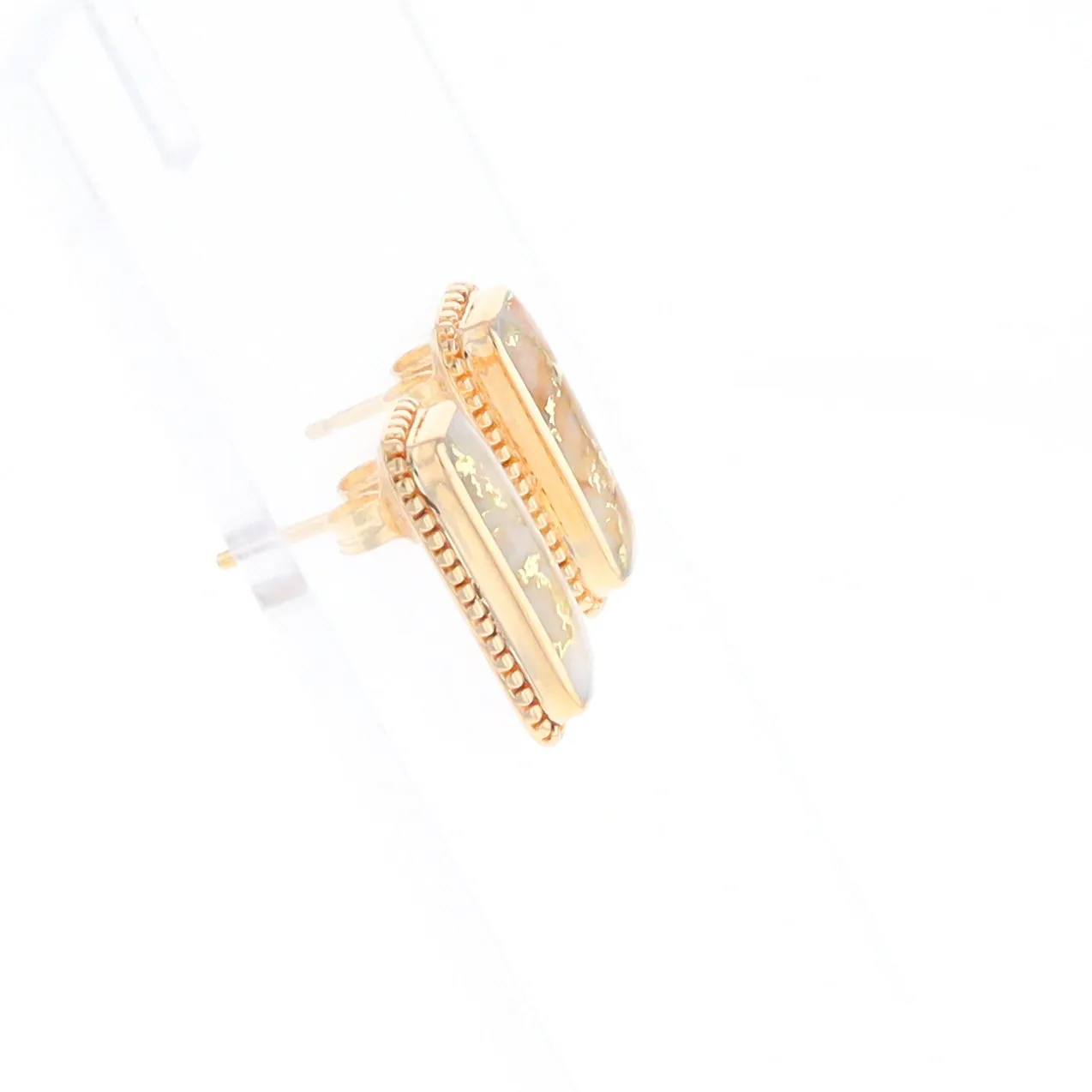 Gold Quartz Earrings Rectangle Inlaid Milgrain Design - G2