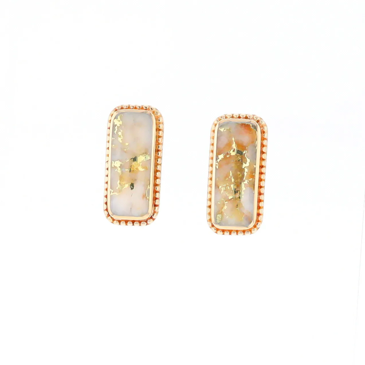 Gold Quartz Earrings Rectangle Inlaid Milgrain Design - G2