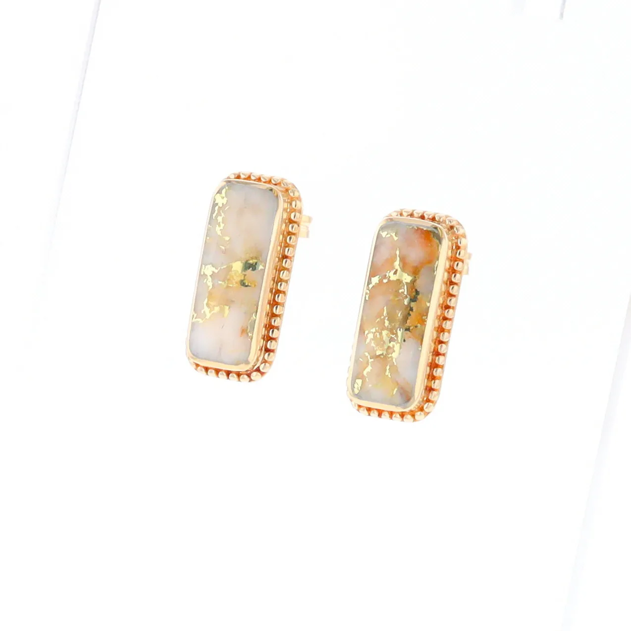 Gold Quartz Earrings Rectangle Inlaid Milgrain Design - G2