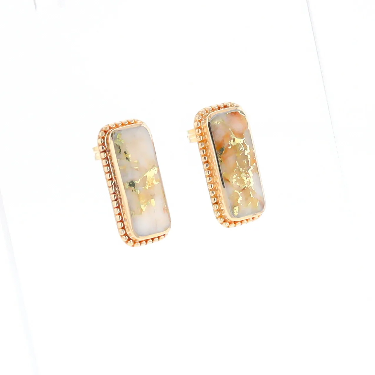 Gold Quartz Earrings Rectangle Inlaid Milgrain Design - G2