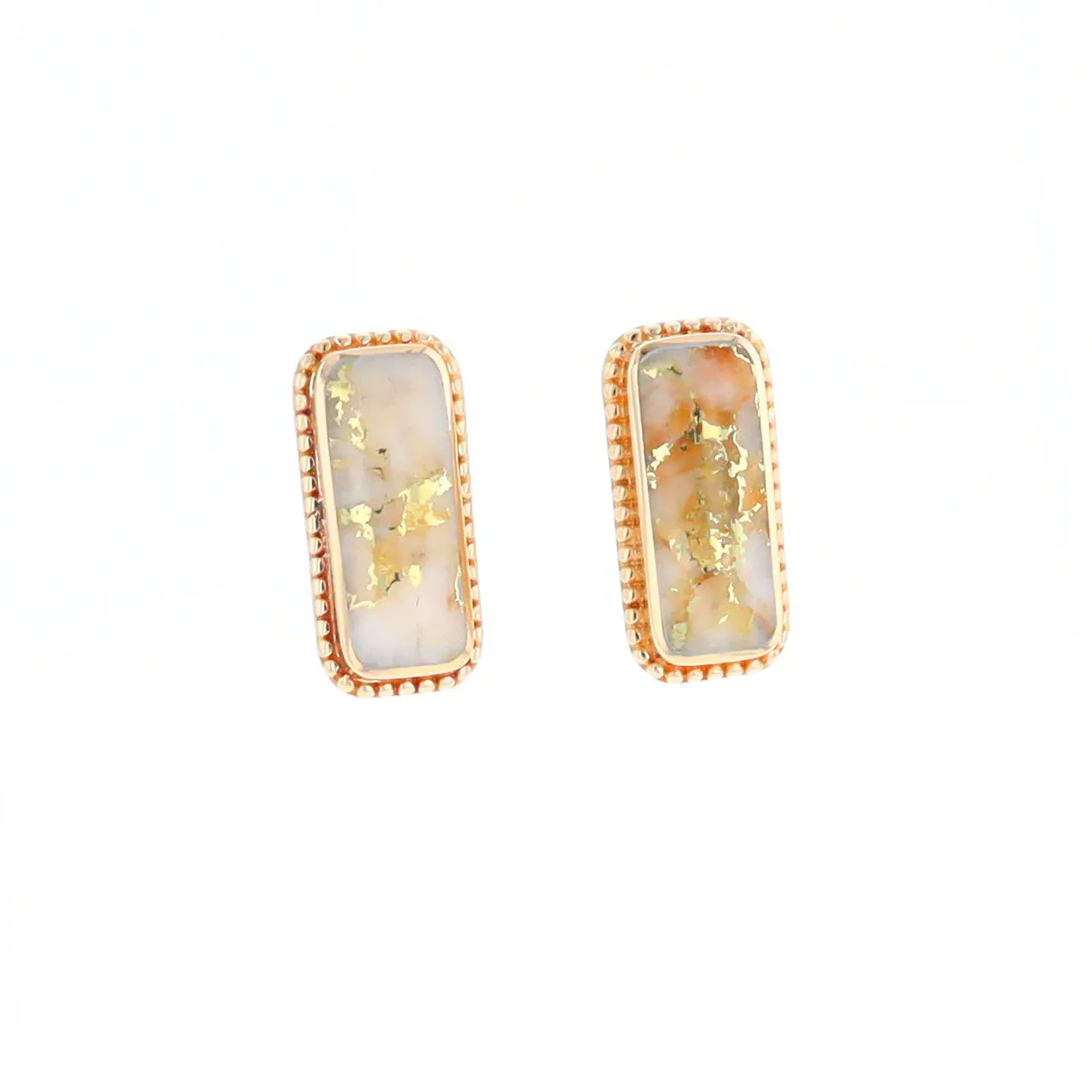 Gold Quartz Earrings Rectangle Inlaid Milgrain Design - G2