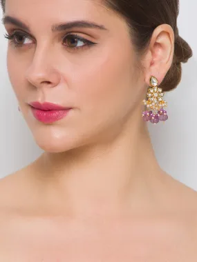 Golden and Light Purple Kundan Earrings with Onyx