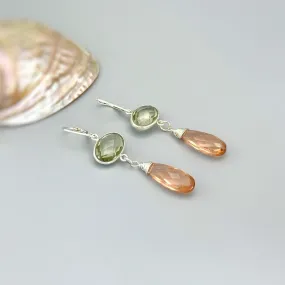 Green Amethyst and Morganite earrings dangle inSterling Silver